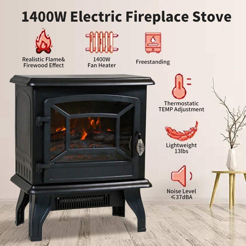 Electric Fireplace Heater, 20 Indoor Fireplace Stove with Thermostat  Realistic Flame Effect, 1500W Freestanding Portable Space Heater, Overheat Auto Shut Off Safety Function, CSA Certified