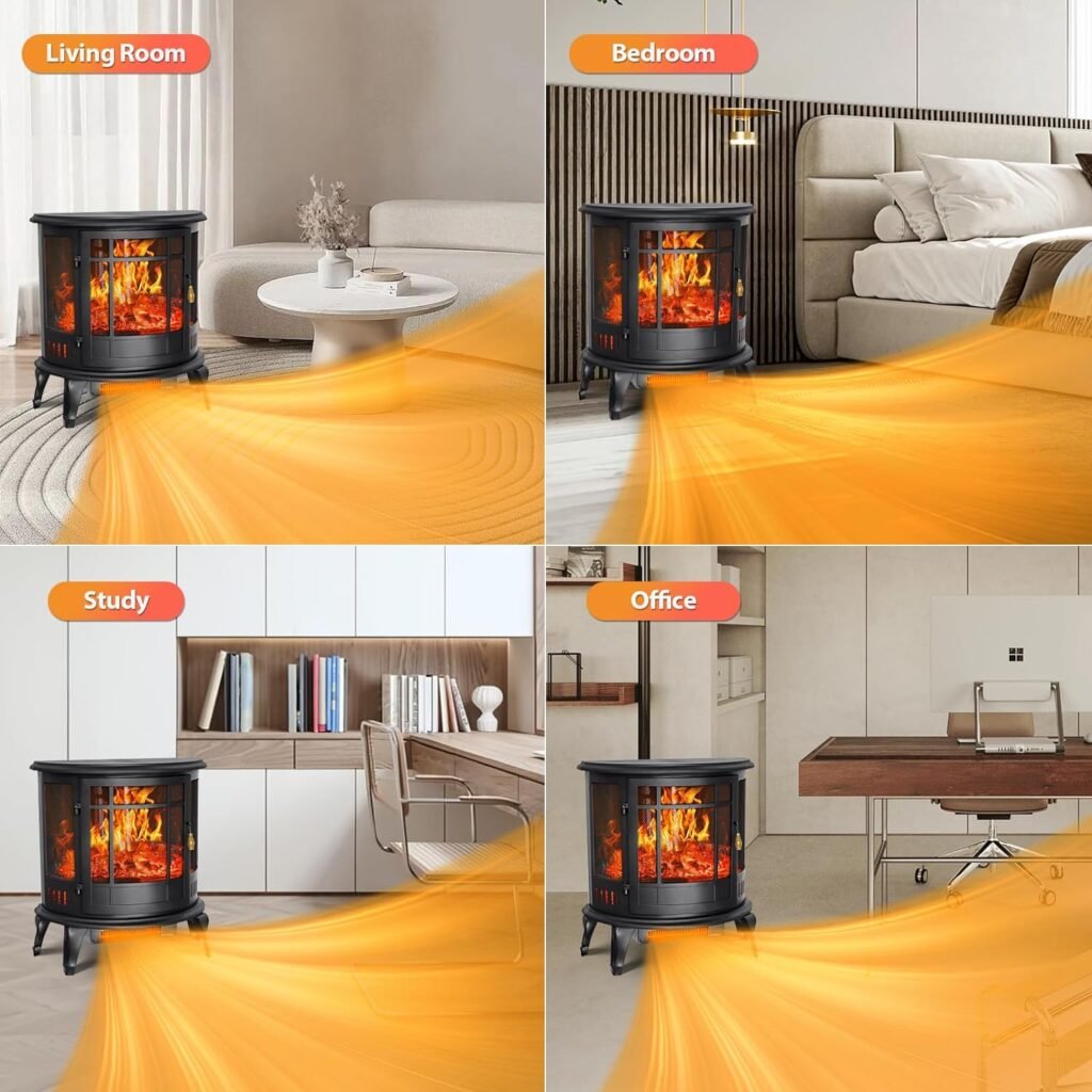 Electric Fireplace Heater, LifePlus 25 Inch Freestanding Fireplace Stove Heater with Realistic Dancing Flame Effect, Thermostat, Overheating Protection, Curved Door for Indoor Use, 1500W
