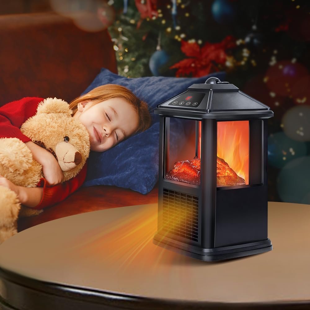 Electric Fireplace Heater with 3-Colour Realistic 3D Flame Freestanding Space Heater with 3-Sided View Stay-Cool Body OverheatingTip-Over Protection with Remote Timer Thermostat for Indoor Use