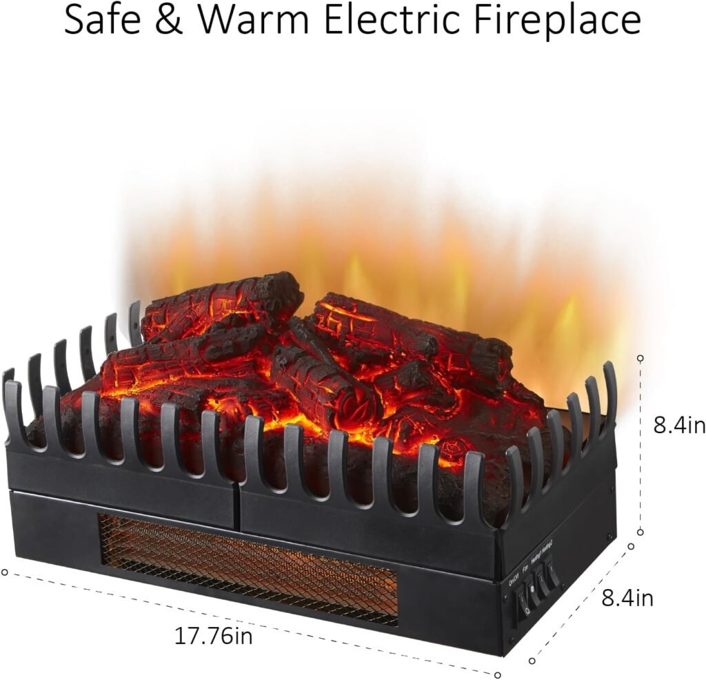 FULEIWO Electric Fireplace Insert Log Heater 750/1500W, Adjustable Brightness Charcoal Bed Realistic Flame Fireplace Decor for Living Room Bedroom 120V Black