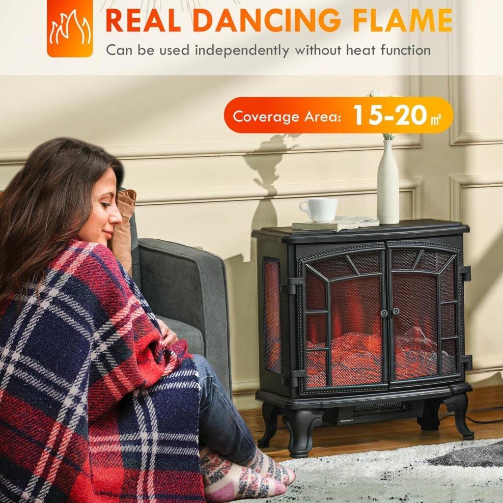 HOMCOM 27 Electric Fireplace Heater, Fireplace Stove with Realistic LED Flames and Logs, Remote Control and Overheating Protection, 750W/1500W, Black