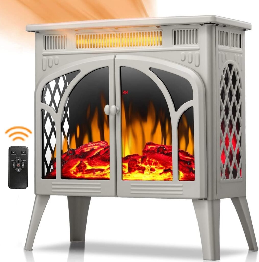Joy Pebble Electric Fireplace Stove Heater, Freestanding Electric Fireplace, Fireplace Heater with 3D Logs and Realistic Flame,Adjustable Brightness and Color, 5100btu Max 1500w,Black