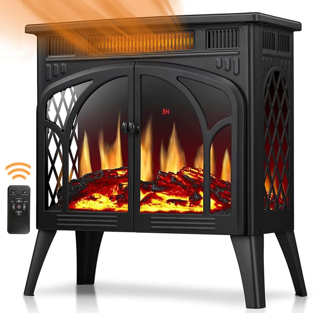 Joy Pebble Electric Fireplace Stove Heater, Freestanding Electric Fireplace, Fireplace Heater with 3D Logs and Realistic Flame,Adjustable Brightness and Color, 5100btu Max 1500w,Black