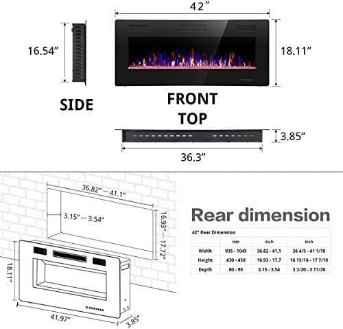R.W.FLAME 42IN Recessed and Wall Mounted, The Thinnest Fireplace, Low Noise, Fit for 2 x 6 and 2 x 4 Stud, Remote Control with Timer, Touch Screen, Adjustable Flame Color and Speed