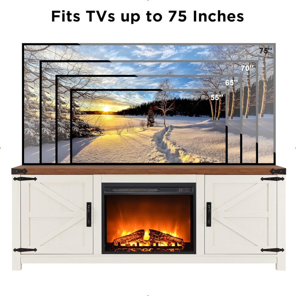 T4TREAM Fireplace TV Stand for 75 Inch TV, Farmhouse Barn Door Media Console, Entertainment Center with 23 Electric Fireplace Remote Control,for Living Room, 66 Inch, Antique White