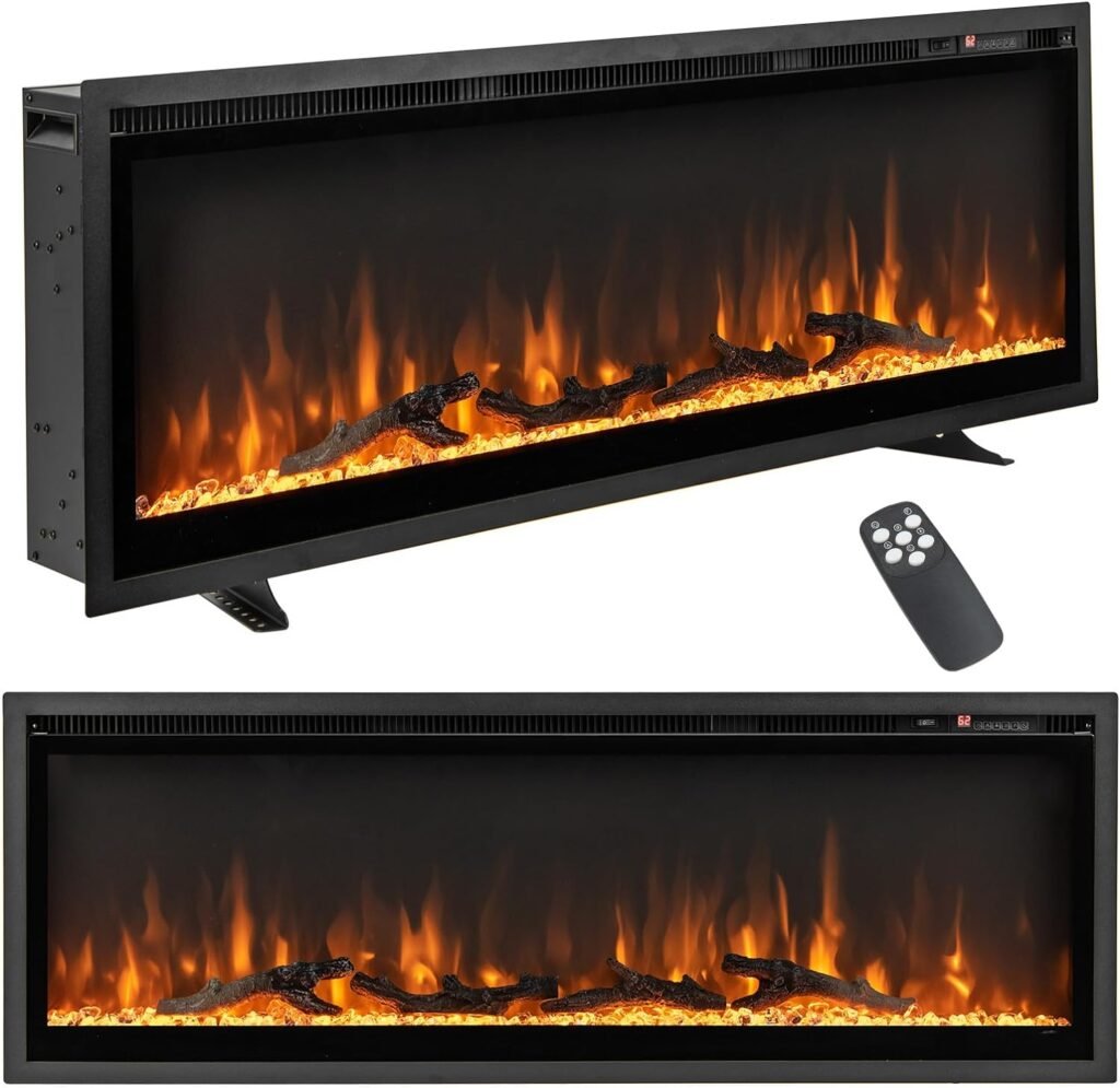 Tangkula 50 Inches Electric Fireplace Inserts, Recessed, Wall Mounted and Freestanding 1500W Slim Fireplace Heater with Remote Control, Adjustable Flame Color  Brightness (50 Inches)