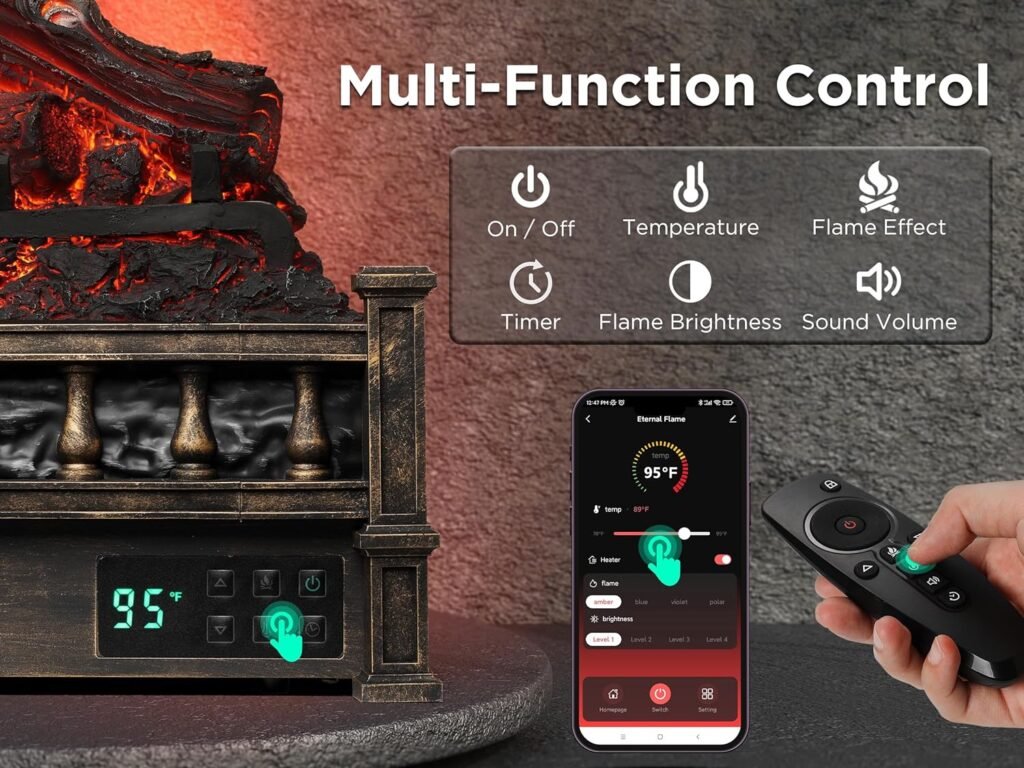 TURBRO Eternal Flame 26 in. WiFi Infrared Quartz Electric Fireplace Log Heater with Sound Crackling, Realistic Lemonwood Logs, Adjustable Flame Colors, Remote Control, Thermostat, Timer, 1500W Bronze