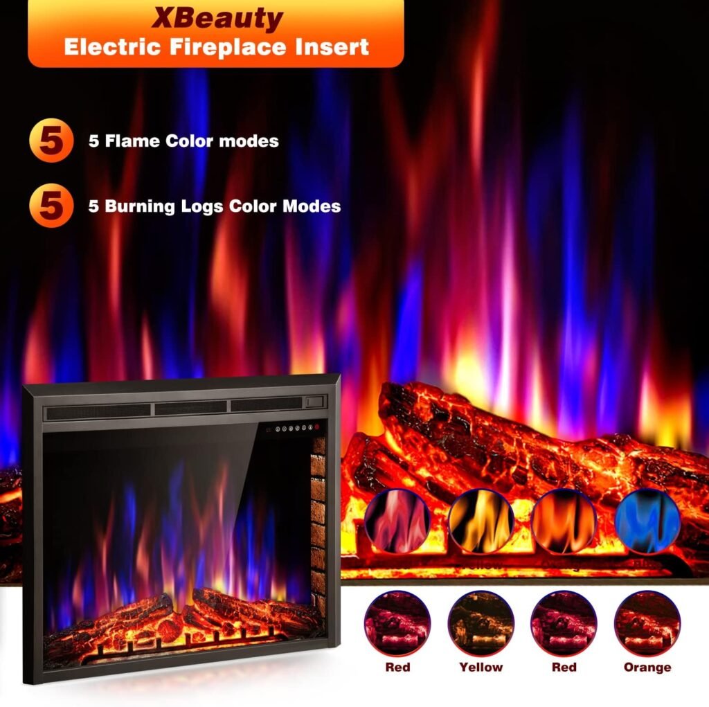 Xbeauty 39‘’ Electric Fireplace Insert, Electric Heater with Touch Screen,5 Flame Color Timer Control,750W-1500W and Remote Control.