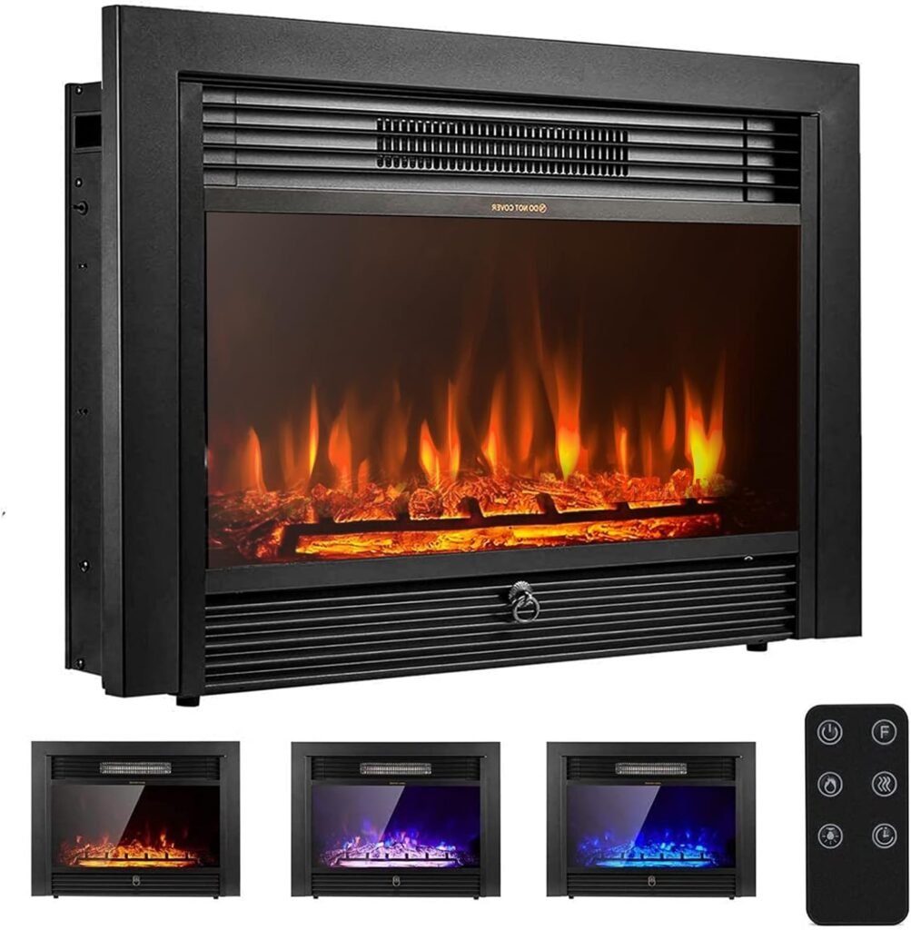 YODOLLA 28.5 Electric Fireplace Insert with 3 Color Flames, Fireplace Heater with Remote Control and Timer, 750w-1500W,Classic Style