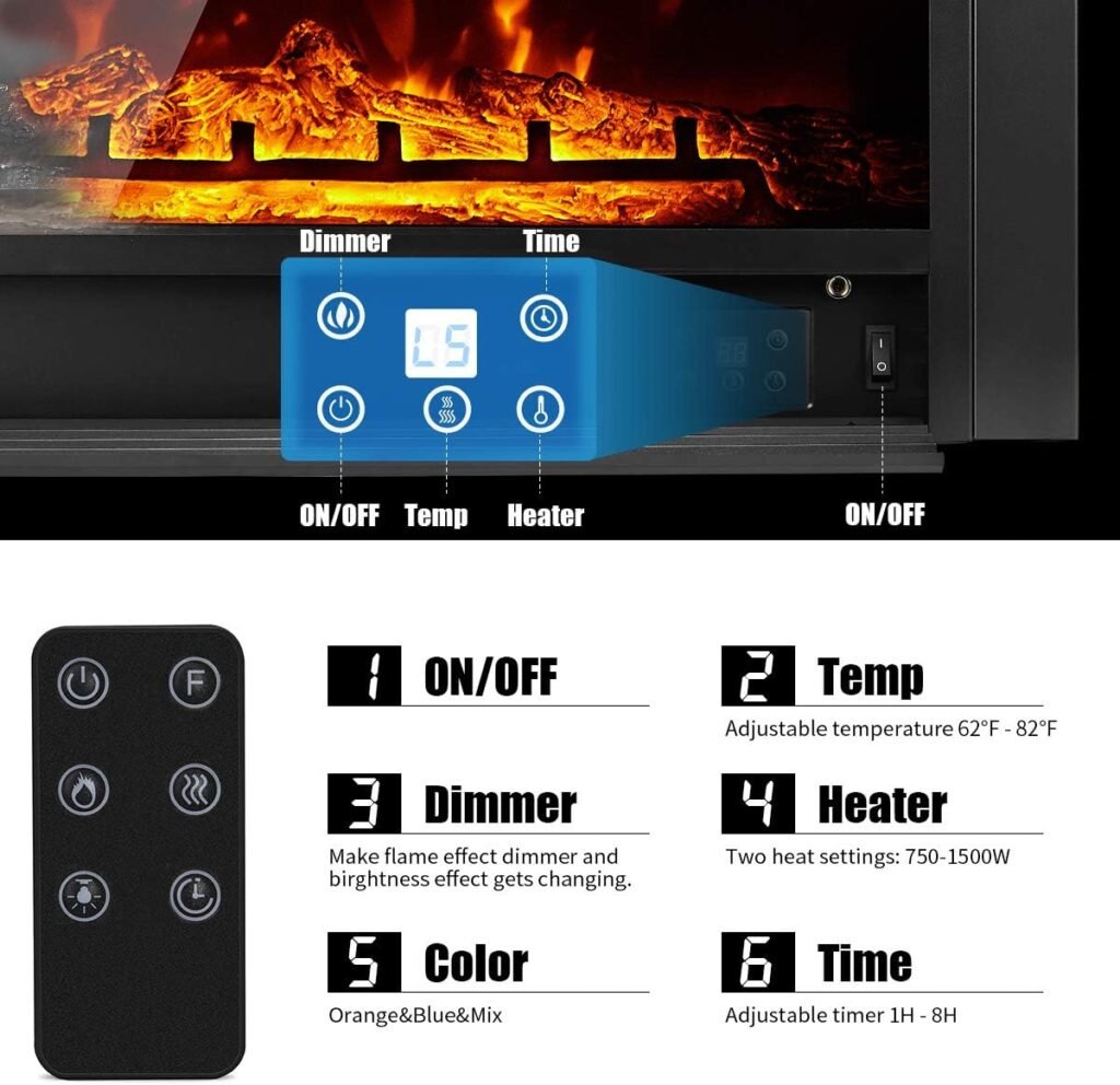 YODOLLA 28.5 Electric Fireplace Insert with 3 Color Flames, Fireplace Heater with Remote Control and Timer, 750w-1500W,Classic Style