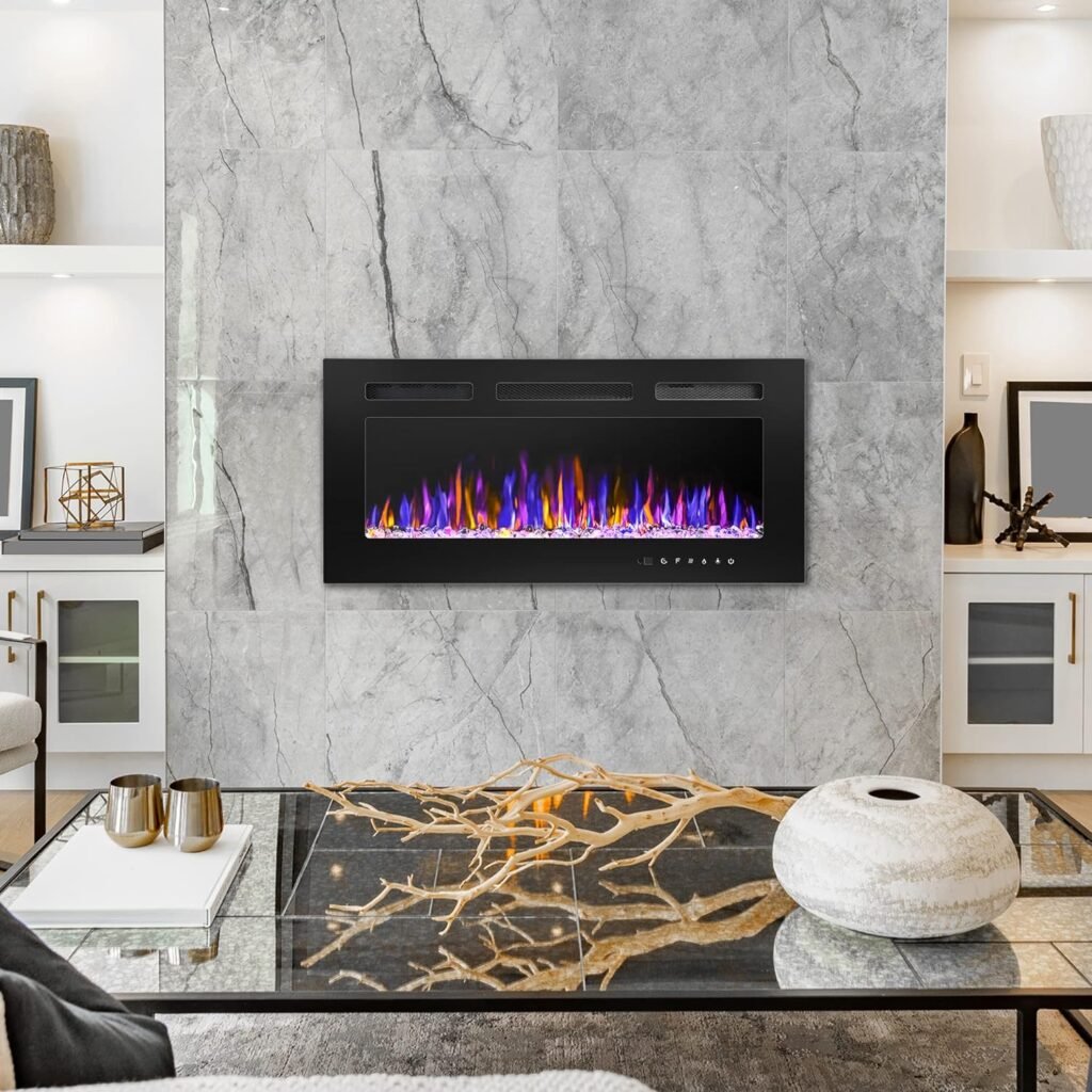 30 Electric Fireplace Wall Mounted and Recessed with Remote Control, 750/1500W Ultra-Thin Wall Fireplace Heater W/Timer Adjustable Flame Color and Brightness, Log Set  Crystal Options