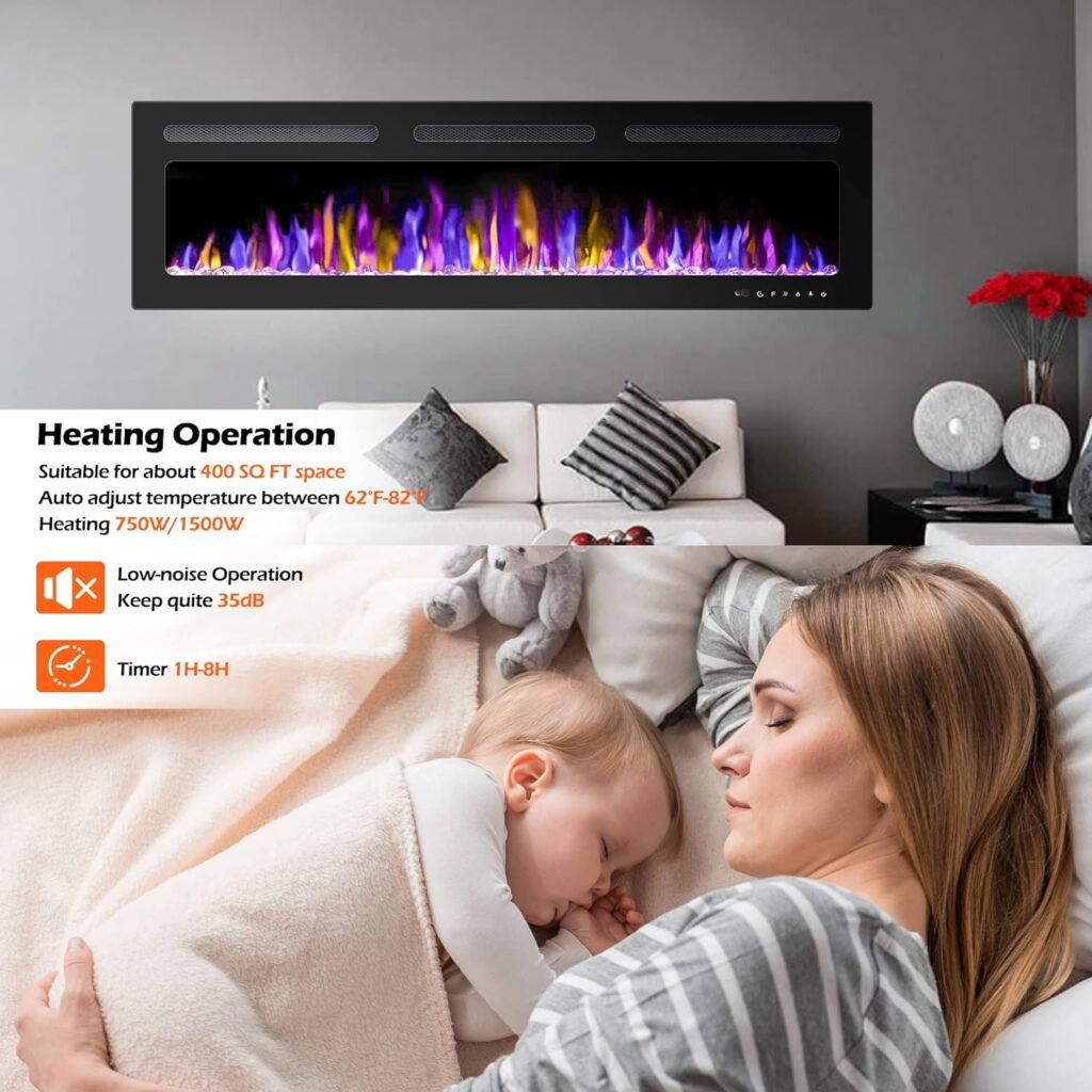 30 Electric Fireplace Wall Mounted and Recessed with Remote Control, 750/1500W Ultra-Thin Wall Fireplace Heater W/Timer Adjustable Flame Color and Brightness, Log Set  Crystal Options