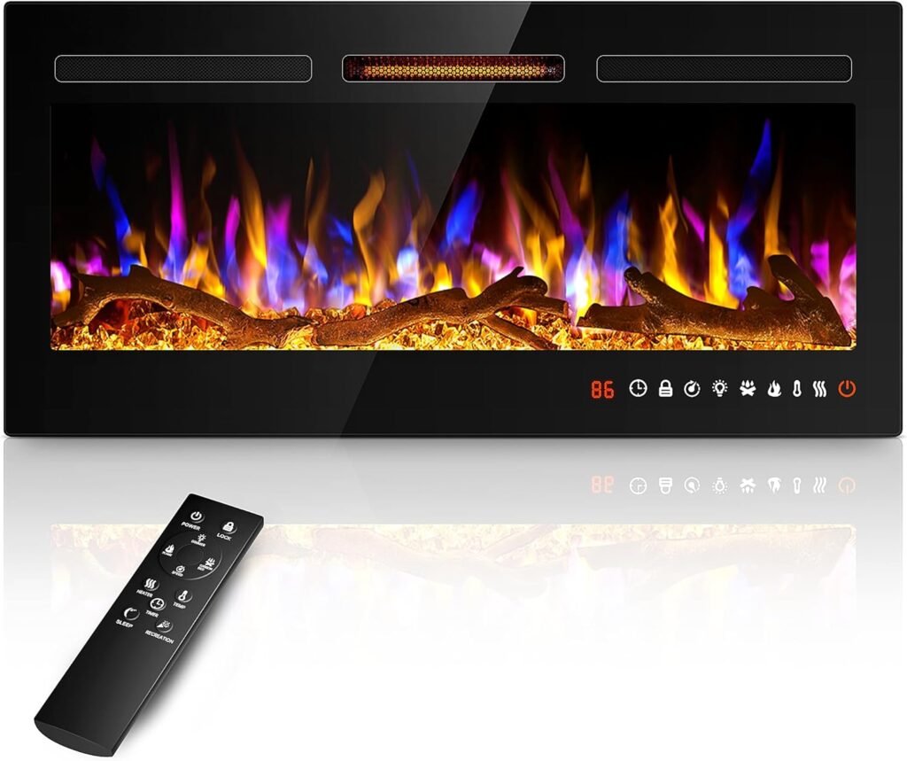 36 Slim Electric Fireplace Recessed and Wall Mounted,Wall Fireplace and Freestanding Linear Fireplace, with Remote Control,13 Adjustable Flame Color and 5 Brightness, 750W/1500W
