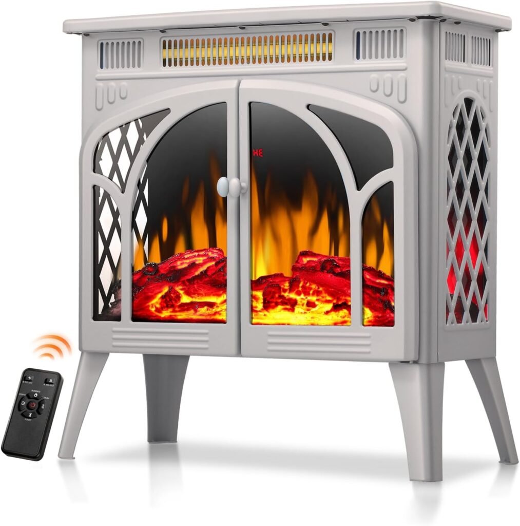 Electric Fireplace 25 with Remote Control, Adjustable Realistic Flame, 2 Heating Modes, Sleep Timer, Overheating Protection. Ideal for Indoor Electric Fireplace Stove, Infrared Heater, Grey