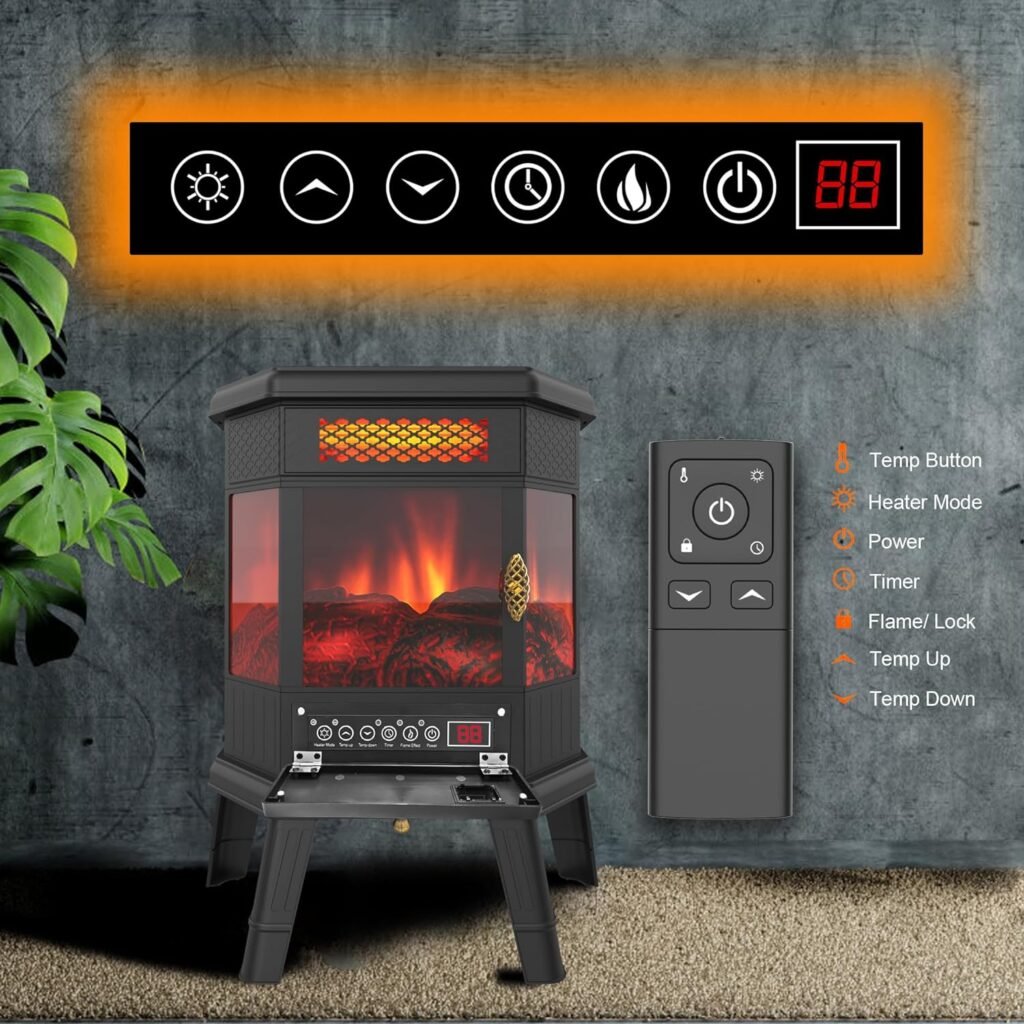 Electric Fireplace Heater 22 Freestanding Fireplace Stove Infrared Fireplace with 3D Flame Effect Remote Control, Timer, Overheating Protection Heater for Indoor Use Brown