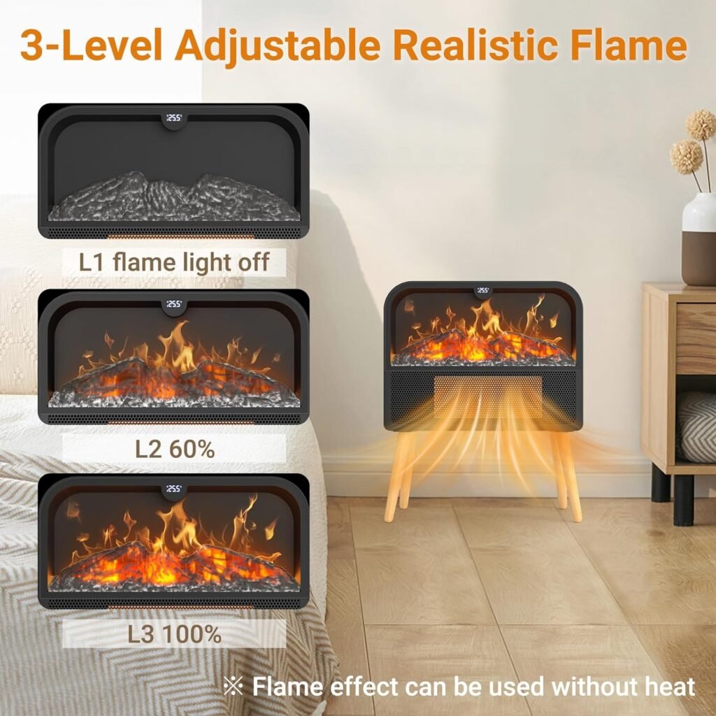 Electric Fireplace Heater, Freestanding Electric Fireplace with Realistic Flame  Solid Wood Stand, Portable Space Heater Fireplace for Indoor Use with 1-12H Timer, 59℉ to 95℉ Thermostat, 1500W