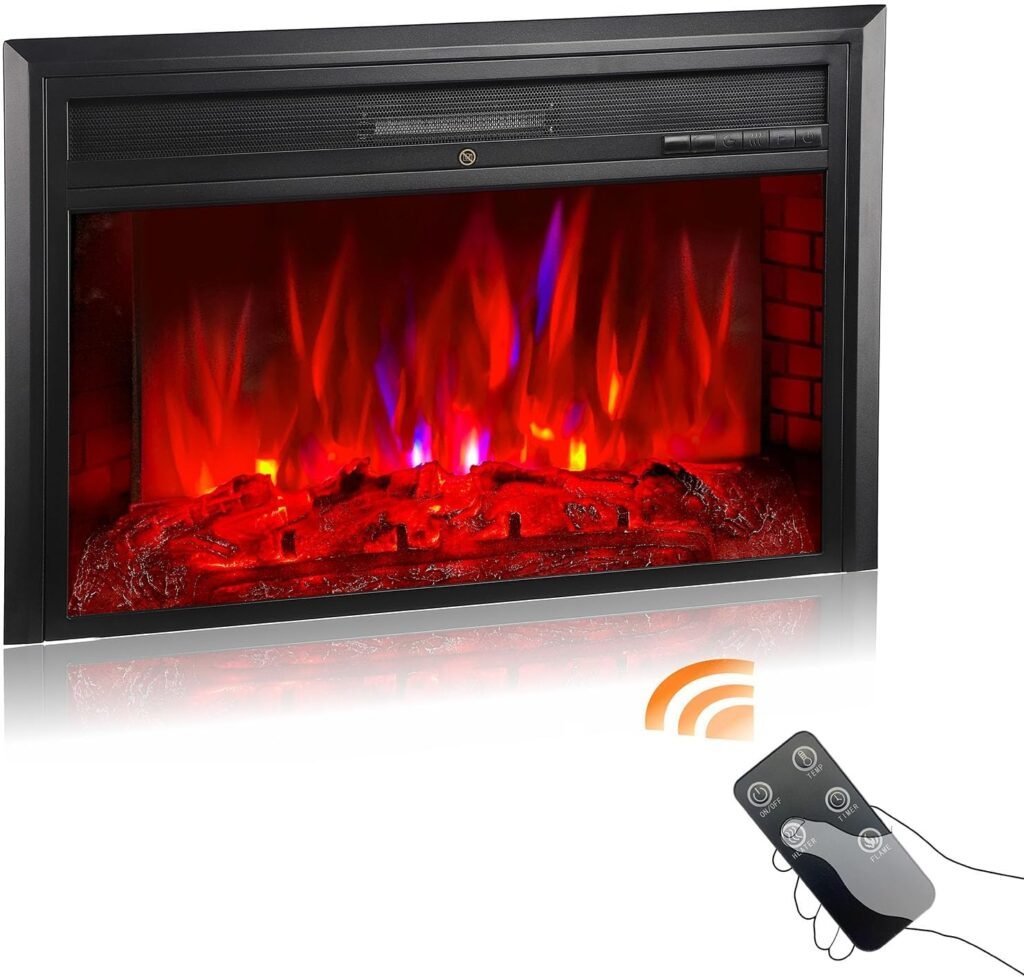 Electric Fireplace Insert, 28 Inch Recessed Fireplace Heater in Wall with Remote Control, Adjustable Flame Brightness  Speed, 750W/1500W, Black (28 W X 22 H)