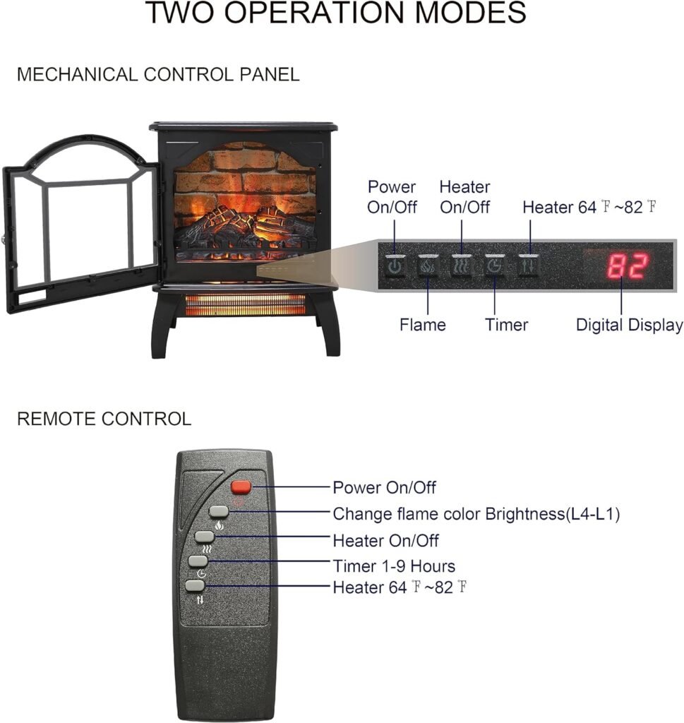 Freestanding Electric Fireplace Heater,Portable Infrared Fireplace Stove with 4 Types of 3D Realistic Flame Effects,Adjustable Temperature Compact Indoor Space Heater,TimerRemote,18-1500W.