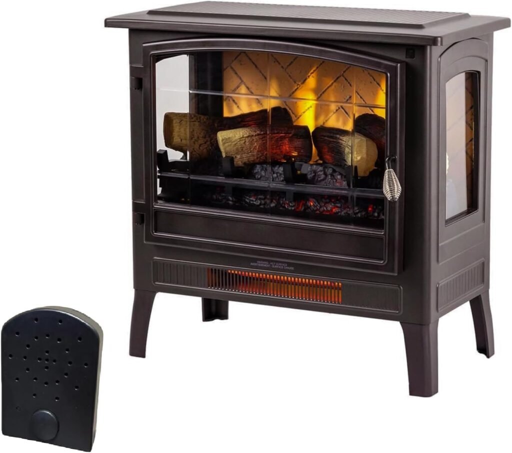 Infrared Freestanding Electric Fireplace Stove Heater in Cream | Provides Supplemental Zone Heat with Remote, Multiple Flame Colors, Metal Design with Faux Wooden Logs