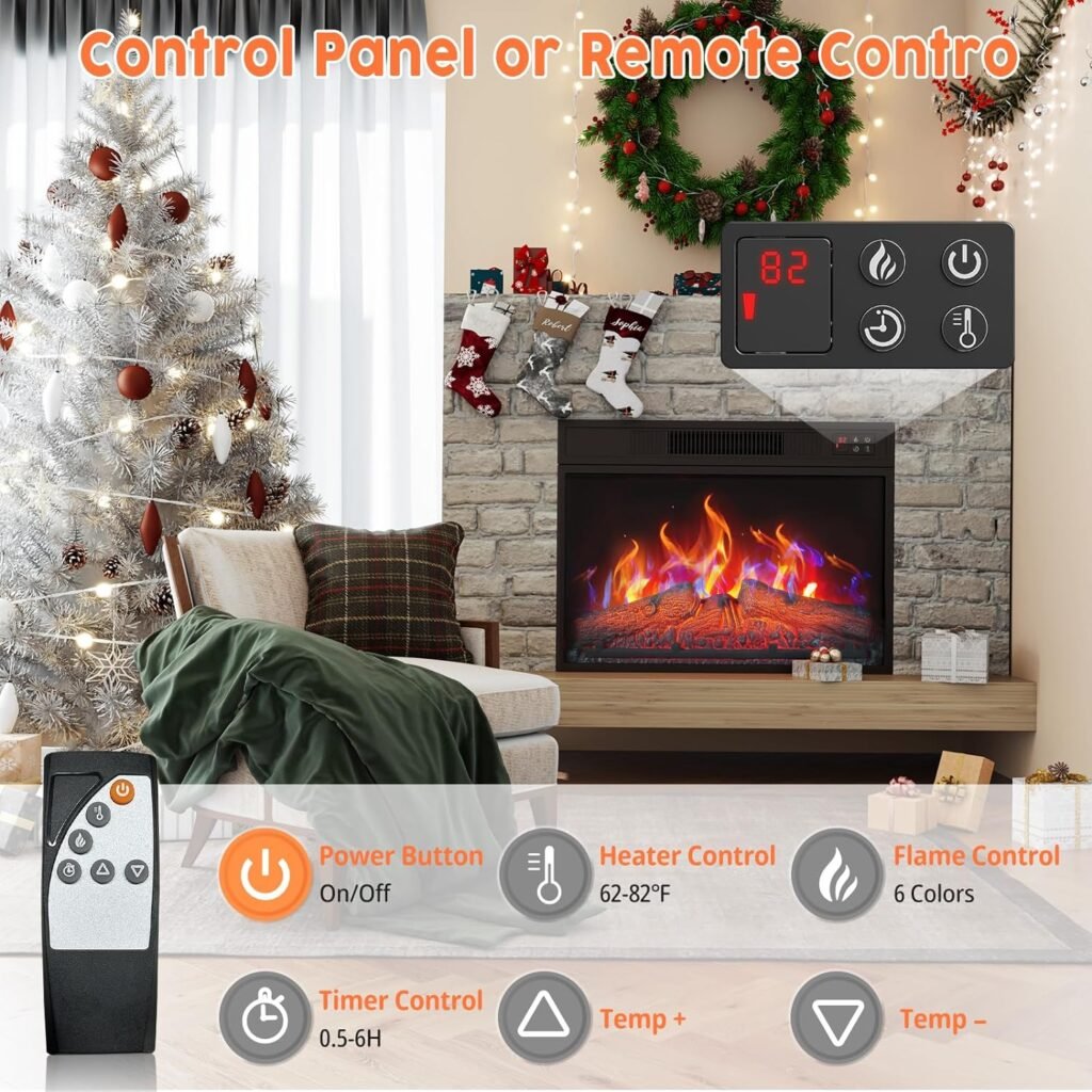 23” Electric Fireplace Inserts,Recessed or Freestanding Electric Fireplace Heater with 6 Flame Colors,Wall Mounted Fireplace Heaters for Indoor Use,Remote Control  6H Timer,Black