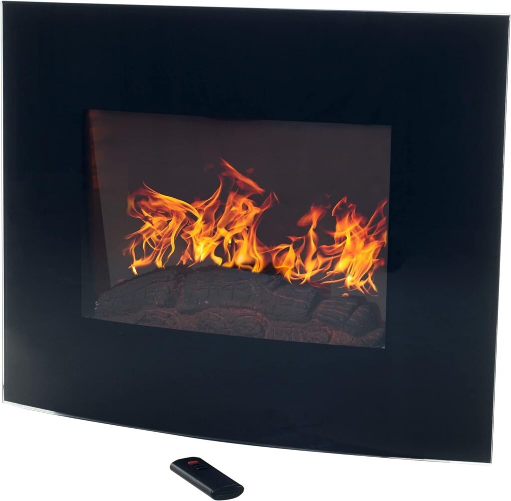 25.5-Inch Wall Mounted Electric Fireplace - Curved Glass Heater with Log Fuel Effect, Adjustable Flames, and Remote Control by Northwest (Black)