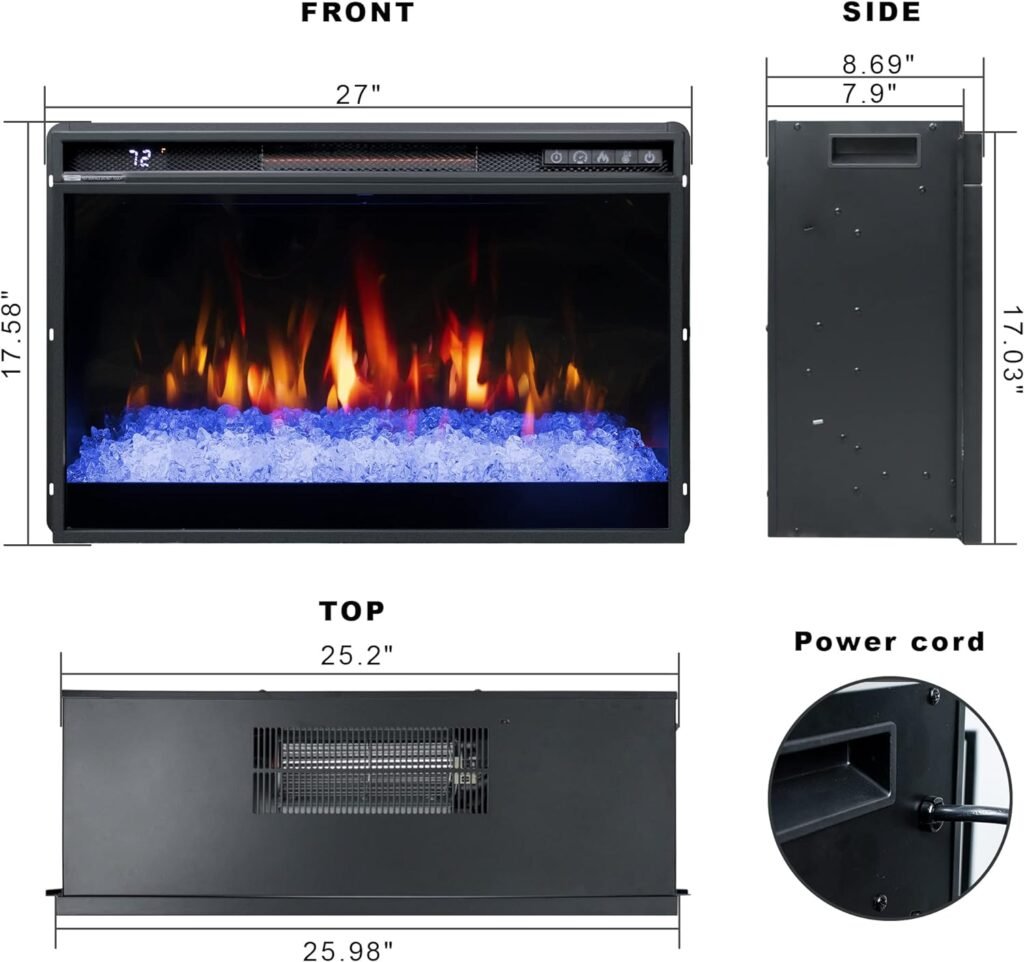 26 Inches Electric Fireplace Inserts, 1500W Wall Recessed with Remote Control, Timer, 6 Brightness and 5 Speeds, Overheating Protection, Fireplace Heater for Indoor Use