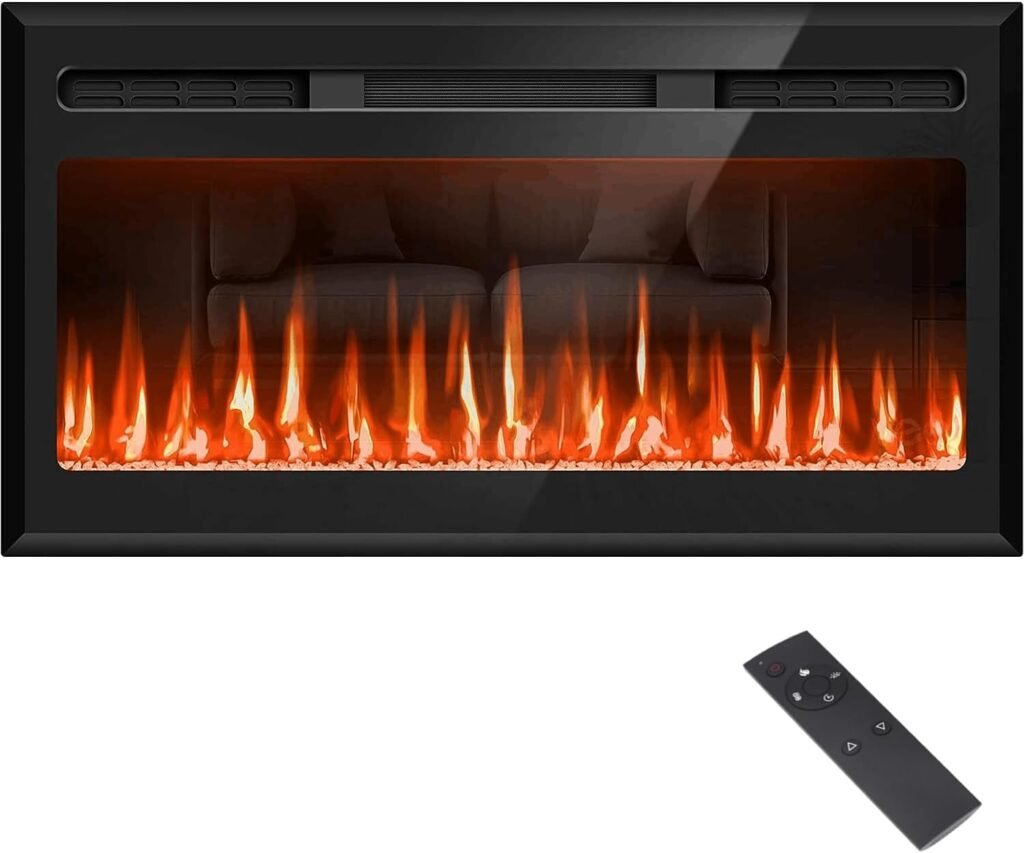 31 Mirrored Electric Fireplace Wall Mounted and Recessed, Ultra-Thin Electric Fireplace Inserts, Fireplace Heater and Linear Fireplace with Timer/Remote Control/12 Adjustable Flame Color, 750w/1500w