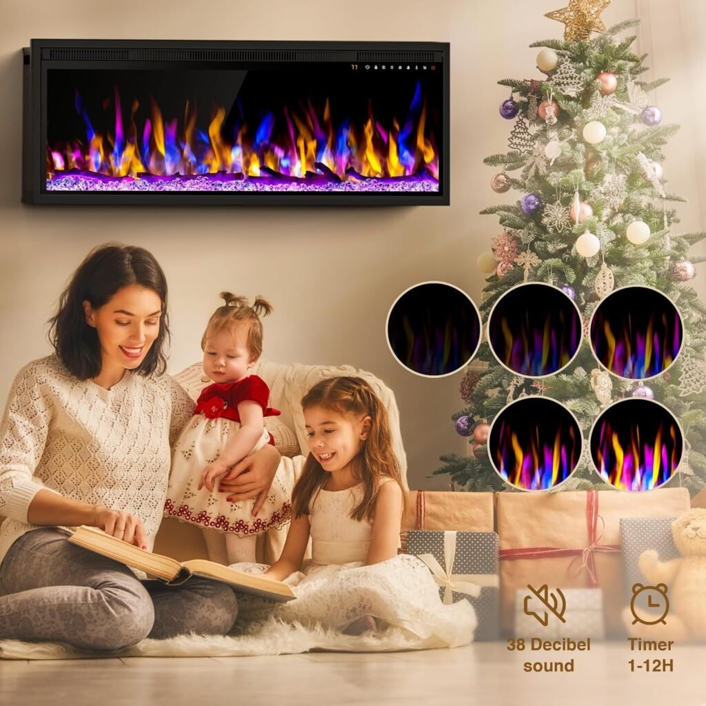 36 Inch Electric Fireplace Heater, Recessed in-Wall and Wall-Mounted Linear Heater Fireplace,13 Adjustable Flame Color and 5 Brightness,Touch Screen  Remote Control,1500/750W, Black