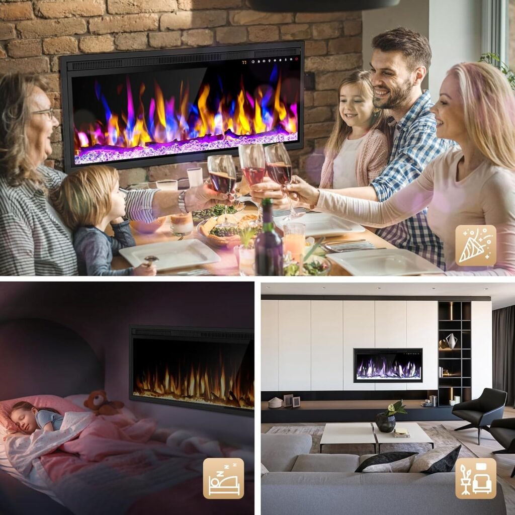 36 Inch Electric Fireplace Heater, Recessed in-Wall and Wall-Mounted Linear Heater Fireplace,13 Adjustable Flame Color and 5 Brightness,Touch Screen  Remote Control,1500/750W, Black