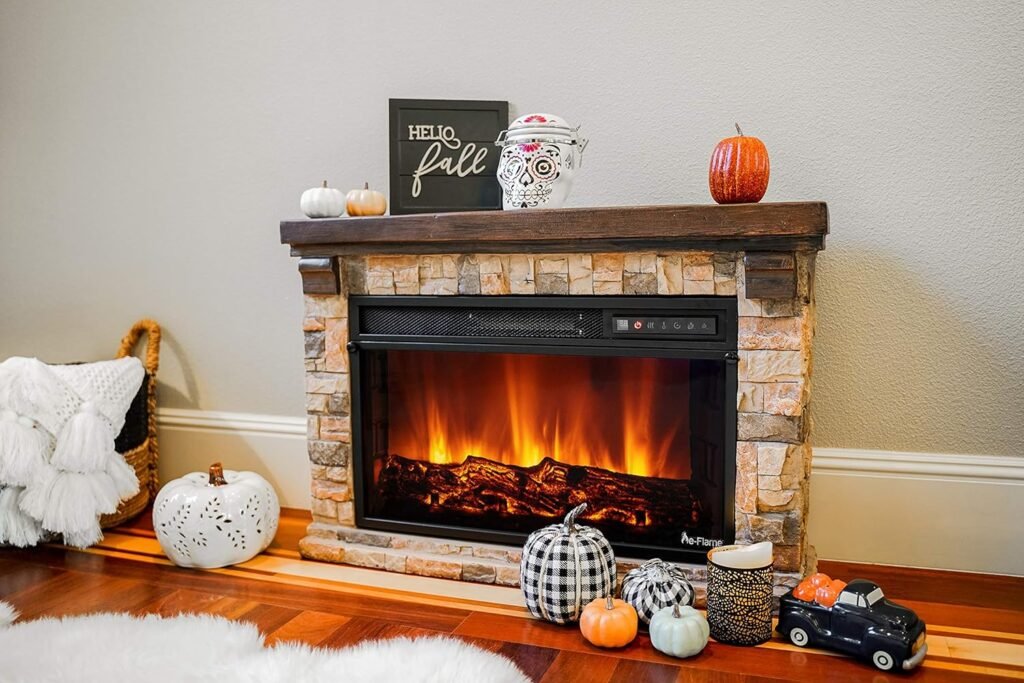 e-Flame USA Telluride Small LED Electric Fireplace Stove with Faux Wood and Stone Mantel - Remote - 3D Log and Fire - Improved Packaging for 2022, 33 Wide x 22 Tall