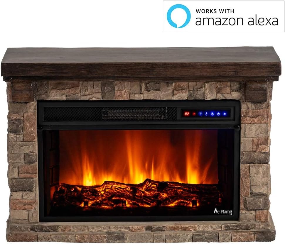 e-Flame USA Telluride Small LED Electric Fireplace Stove with Faux Wood and Stone Mantel - Remote - 3D Log and Fire - Improved Packaging for 2022, 33 Wide x 22 Tall