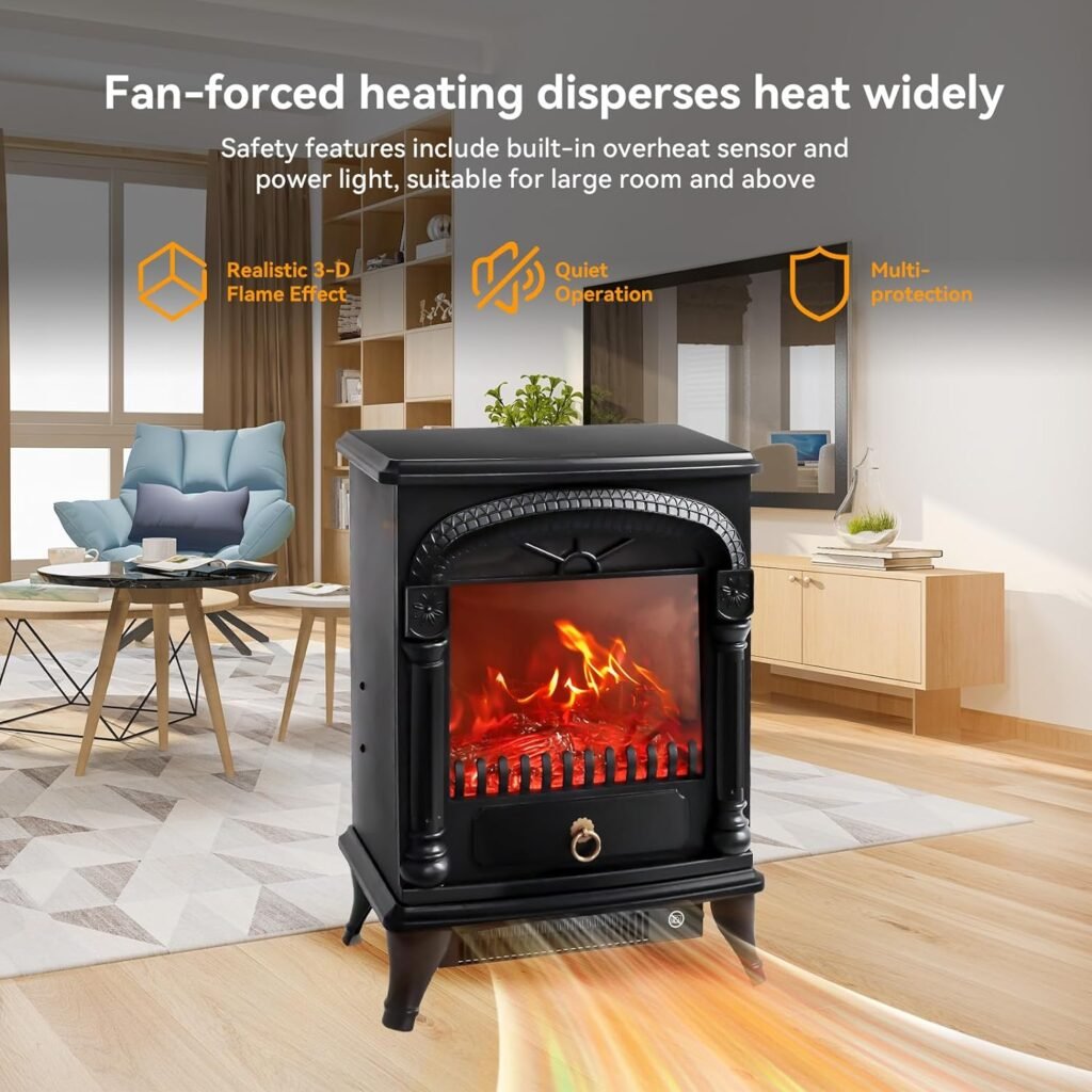 Electric Fireplace Heater, 750W/1500W Fireplace Stove Heater with Realistic LED Flames and Logs, Overheating Protection, for Home Office Use