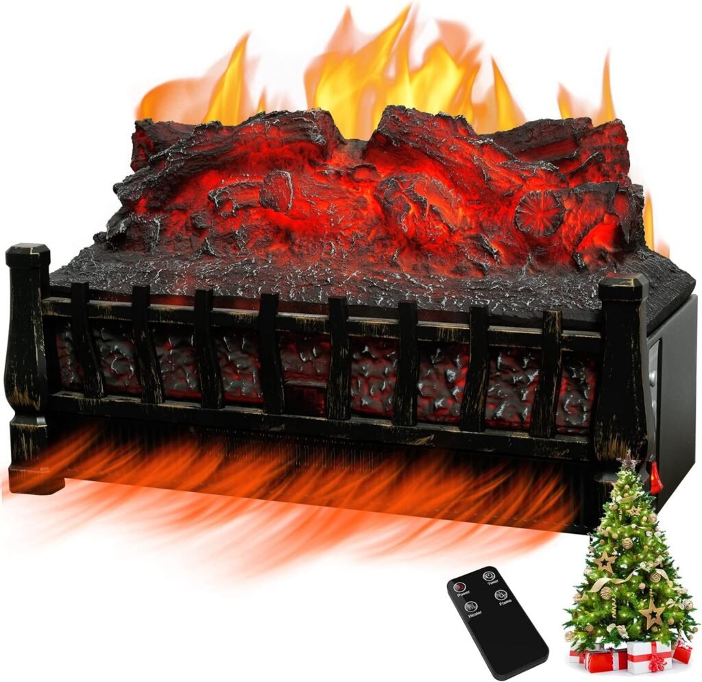 Electric Fireplace Logs Heater, Fireplace Insert with Realistic Fake Fire, 4 Flame Brightness, Remote Control, 8H Timer, Overheat Protection, Ember Bed Heater for Living Room, Christmas Decor, 1500W