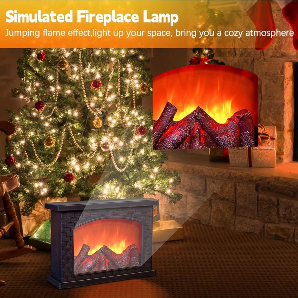 Fireplace Lanterns Decorative,Small Fake Fireplace,Flame Effect LED Fire Lamp,Battery Operated USB Charge Portable Fireplace,Indoor Outdoor Christmas Decoration (No Heater Function Black)