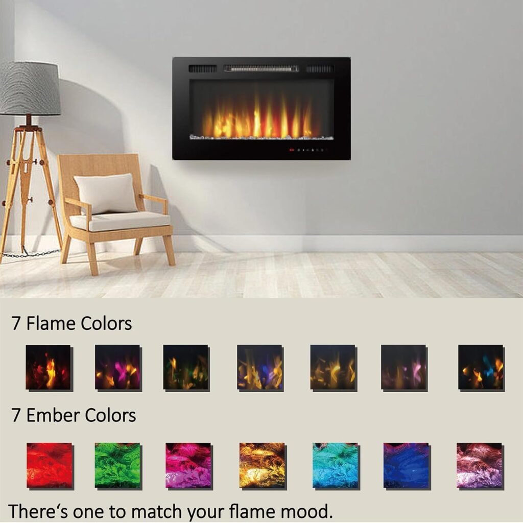 FULEIWO 30 inch Recessed and Wall Mounted Electric Fireplace, Low Noise,Fit for 2 x 4 and 2 x 6 Stud, Remote Control with Timer,Touch Screen,Adjustable Flame Color and Speed, 750-1500W