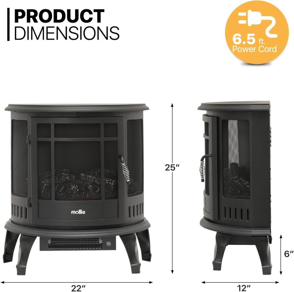 mollie 25-Inch Electric Fireplace Stove 1400W Portable Indoor Freestanding Fireplace Heater with Adjustable Brightness Flame Effect and Temperature, Overheating Protection (Black)