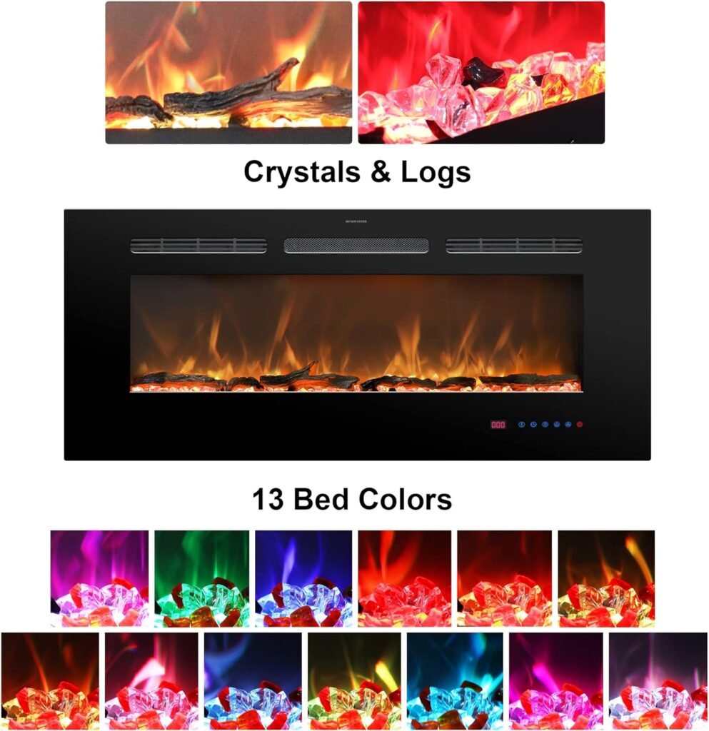 Oxhark Flame 36inch Electric Fireplace in Wall Recessed and Wall Mounted Fireplace Electric, 13 Flame Colors, Realistic Logs Crystals Fuel Bed, Adjustable Temperature and Timer,750W/1500W, Black