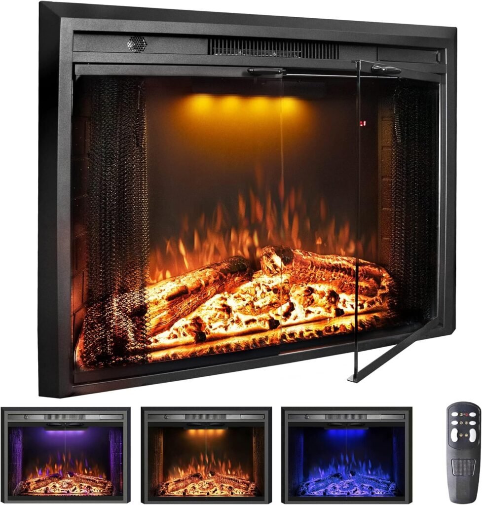 Velaychimney Electric Fireplace Insert, 36 Inches Recessed Fireplace Heater with Adjustable Flame and Top Light Colors, Fire Crackling Sound, Remote Control, Timer, 750W/1500W, Black