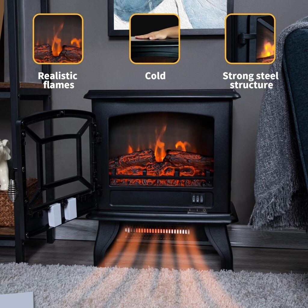 Electric Fireplace Stove, 17 inch Freestanding Infrared Electric Fireplace Heater with 3D Realistic Flame, 1400W Fast Heating for Office Living Room Bedroom, Black
