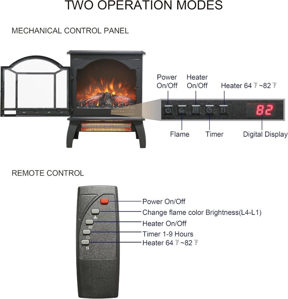 Freestanding Electric Fireplace Heater,Portable Infrared Fireplace Stove with 4 Types of 3D Realistic Flame Effects,Adjustable Temperature Compact Indoor Space Heater,TimerRemote,18-1500W.