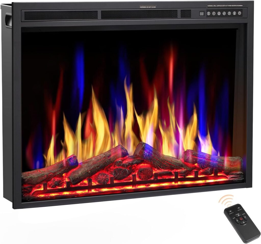 Joy Pebble 34 Inch Electric Fireplace Insert,750W/1500W Recessed Electric Fireplace Heater,Adjustable 5 Flame Color  5 Burning logs Color,Electric Fireplace with Remote ControlOverheat Protection