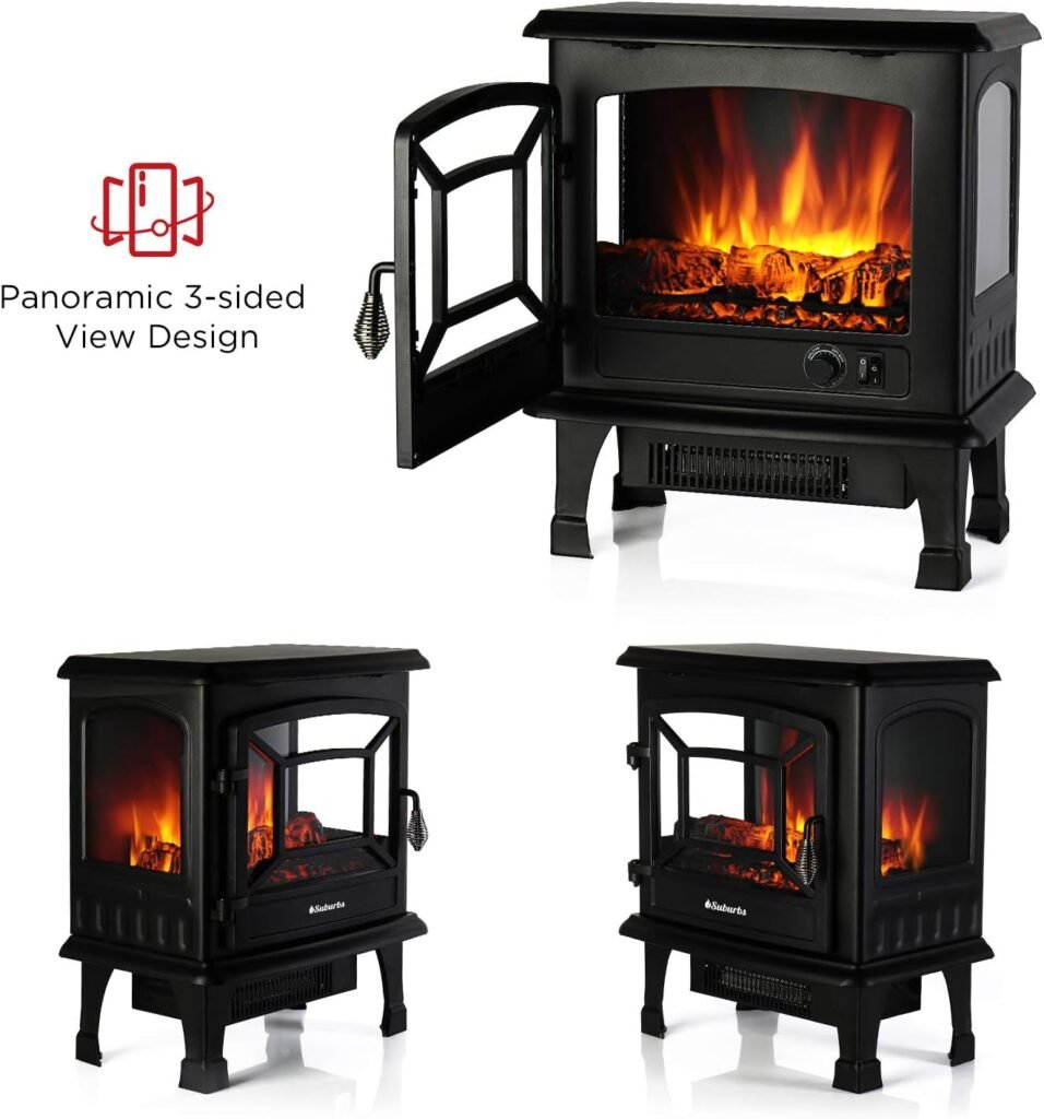 TURBRO Suburbs 20 Inches Infrared Electric Fireplace Stove, 1400W Freestanding Fireplace Heater with Overheating Safety Protection, Portable Indoor Space Heater, Black