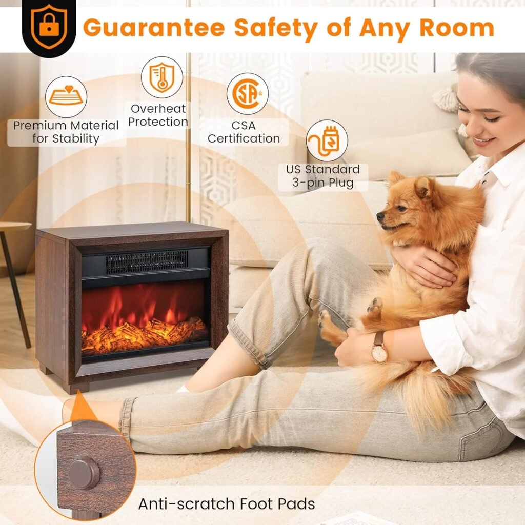 S AFSTAR 13 Inch Electric Fireplace Heater - 750W Mini Wooden Tabletop Fireplace with 3D Realistic Flame Effect, Cool to Touch, Overheat Protection, Portable Fireplace for Indoor Use, Bedroom, Office