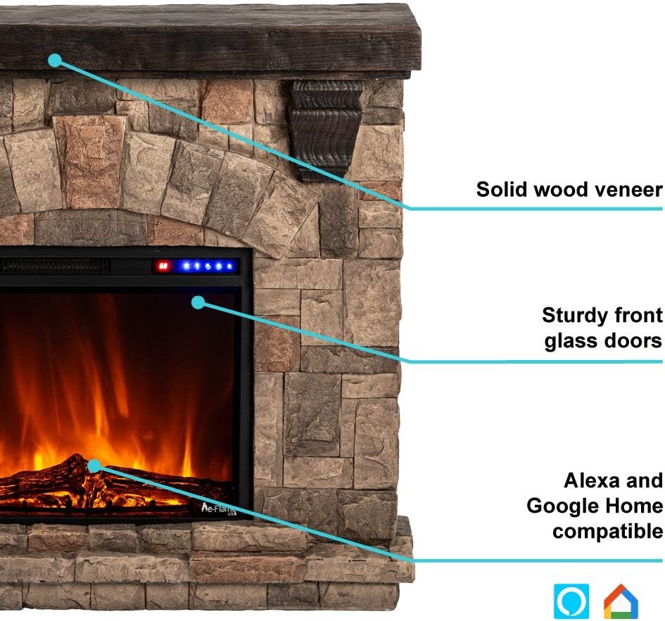 Telluride Small LED Electric Fireplace Stove with Faux Wood and Stone Mantel - Remote - 3D Log and Fire - Improved Packaging for 2022, 33 Wide x 22 Tall